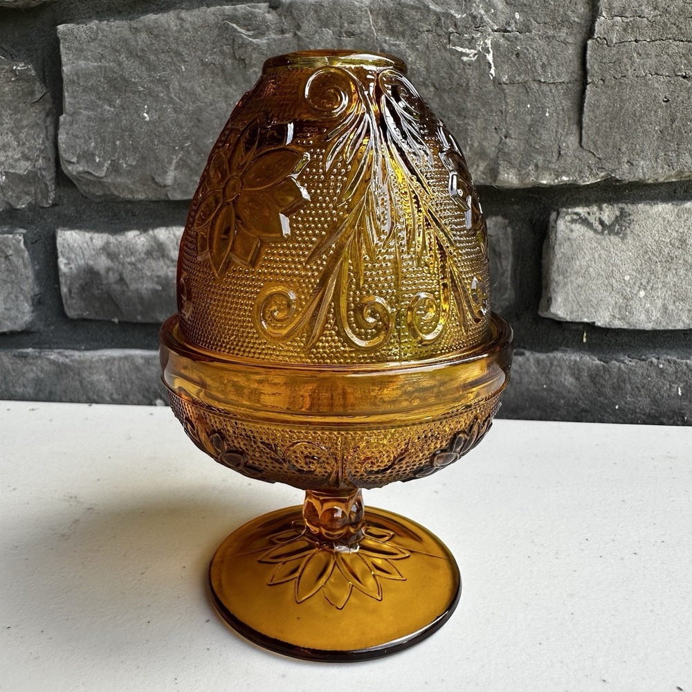 Vintage Indiana Glass Tiara Amber Sandwich Fairy Lamp Candle Holder Cottagecore